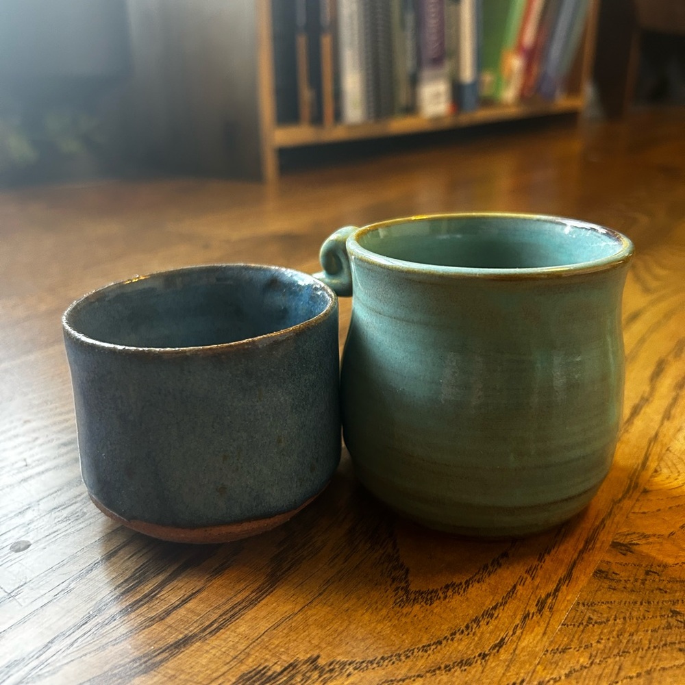 Handcrafted Wheelthrown Small Ceramic Mug/Cup Set - Blue and Green